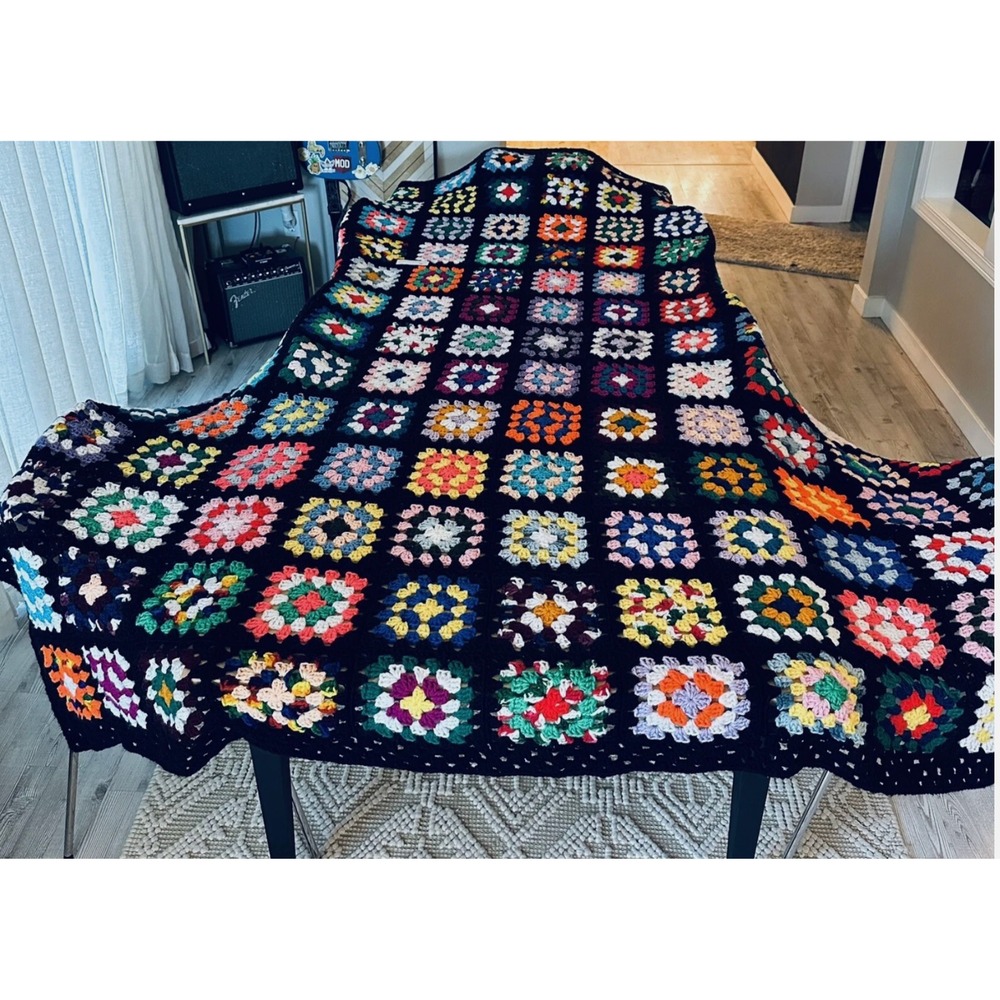 Vintage Handmade Granny Square Crochet Blanket Throw Large King Size 120" - Picture 1 of 8